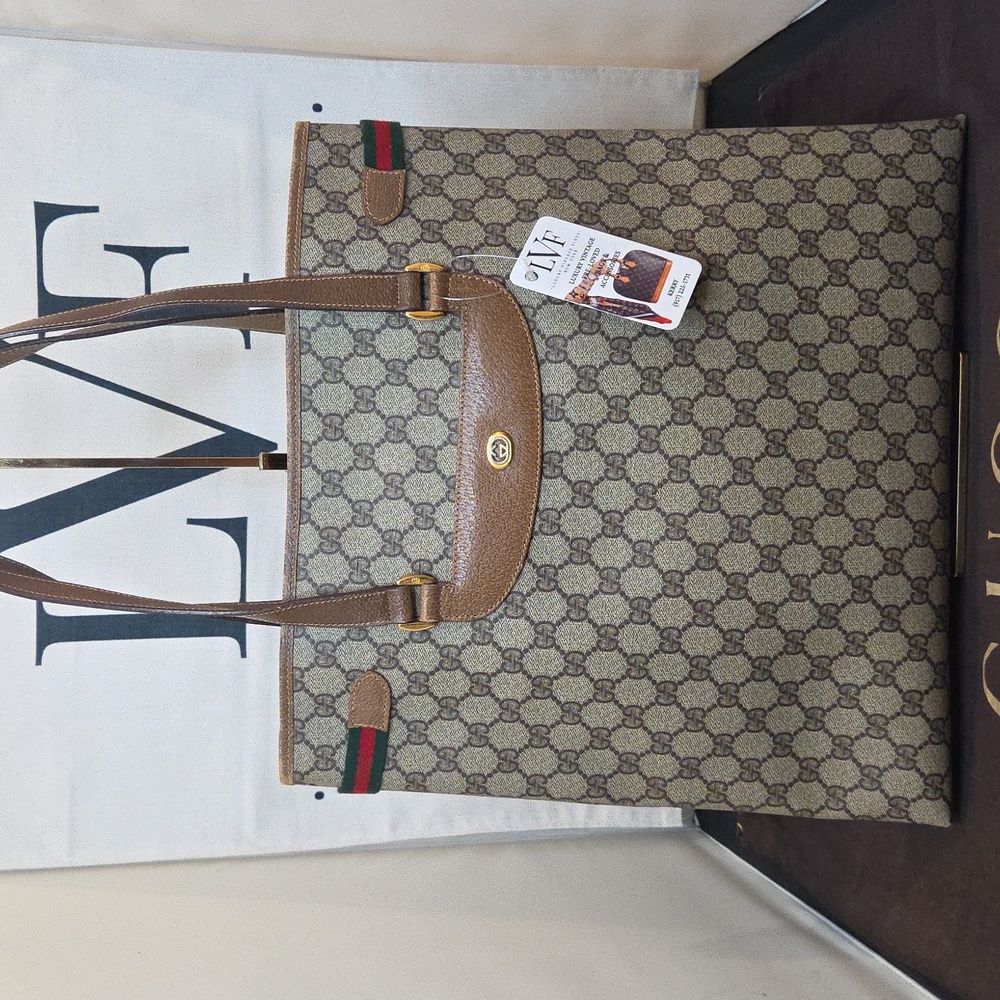 GUCCI 1970's Accessories Collection coated canvas/leather/webbing large tote bag - Picture 3 of 17
